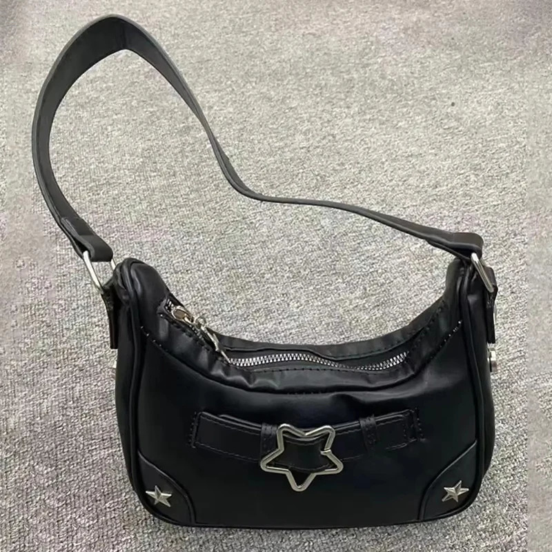 Womens Fashion PU Small Shoulder Bag Y2K Star Armpit Purse American Retro Black Chic Hobo Bag High Quality Handbag 250527