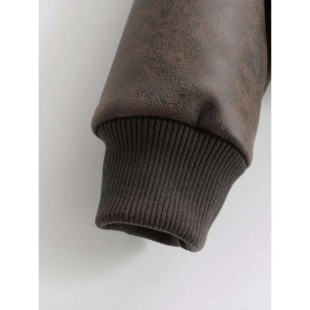 Autumn and Winter New Lapel Pocket Decoration Loose Faux Leather Bomber Jacket Short Coat Women