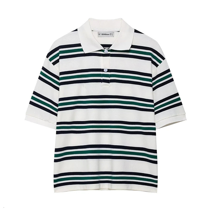 RAFZNB Preppy Style Striped Polo Shirts for Women Fashion Turndown Collar Short Sleeve Summer Female Chic Tops 250520A