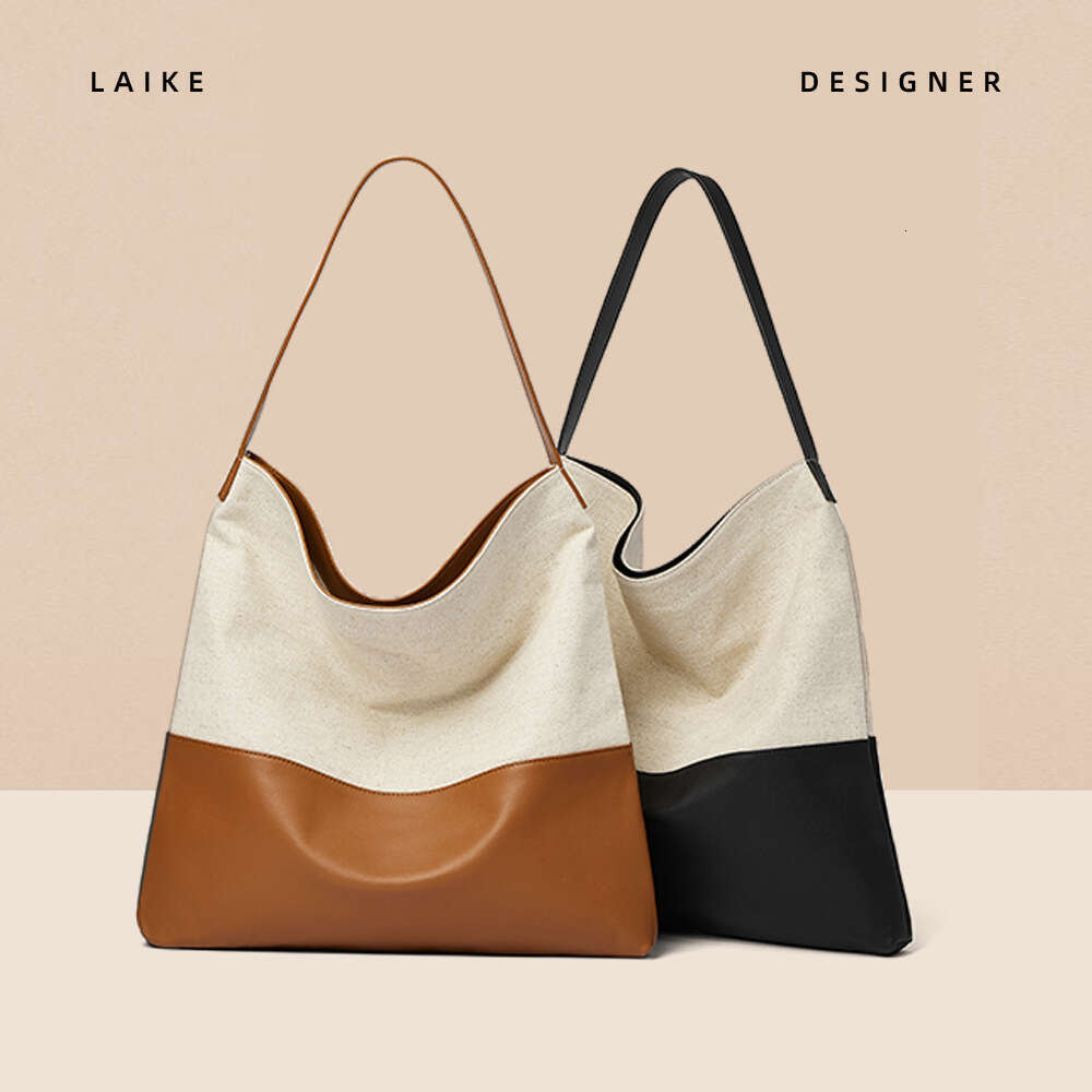 Color-Block Cowhide and Canvas Casual Lazy Style Underarm Shoulder Large Capacity Tote Bag for Women