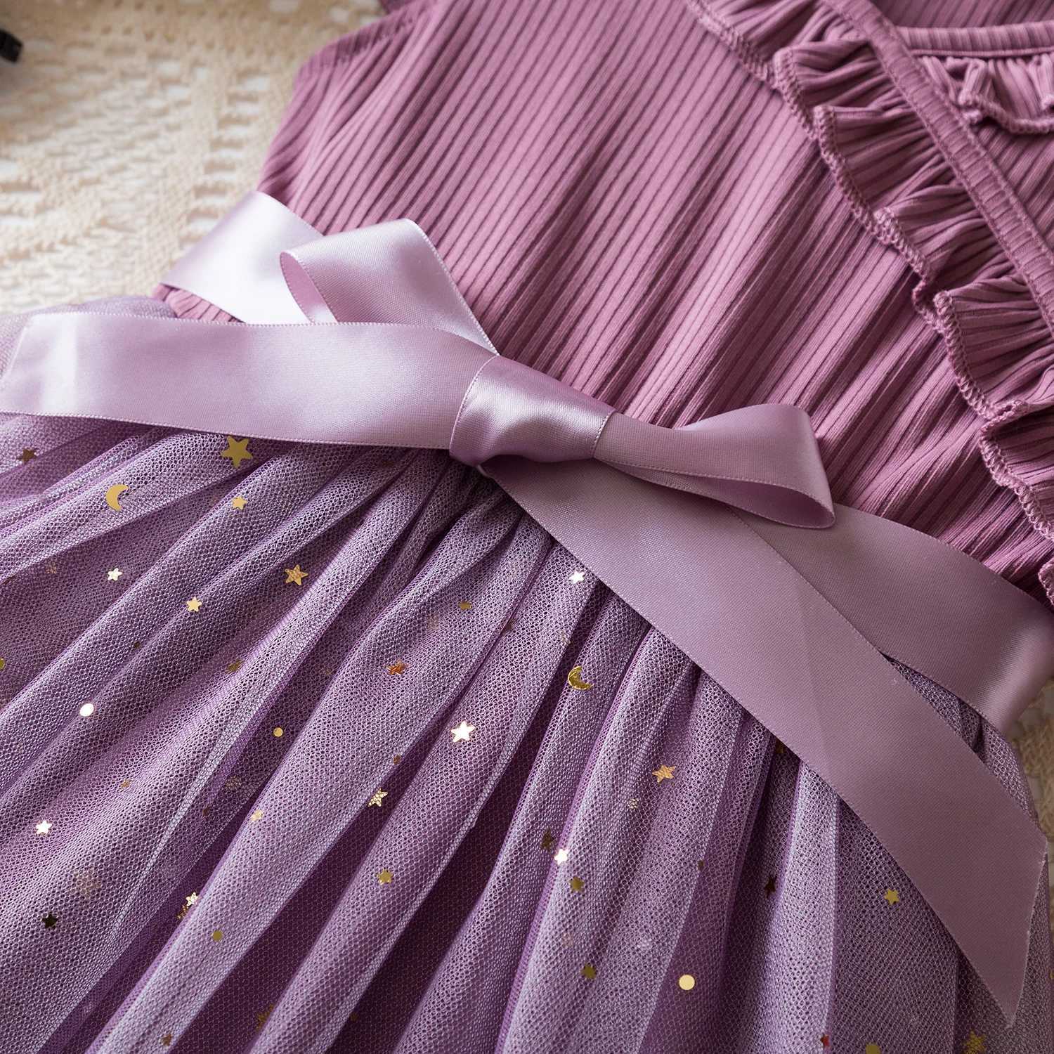 New Childrens Dress for 3-8 Yrs Summer Dress Lotus Leaf Edge Design Bow Lace Up Star Sequin Sweet Tulle Kids Dresses for Girls X250528