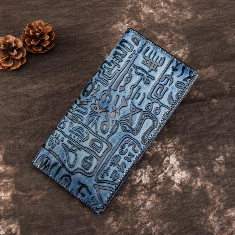 Free Shipping Leather Long Designer Wallet New Retro Oracle Bone Script Hand-held Bag Leather Top Layer European And American Fashion Card Bag Phone B