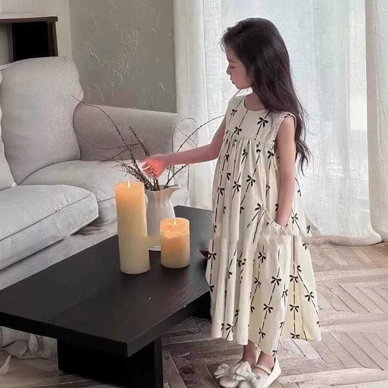 2025 Summer Kids Girls Stylish Vest Dress Pocket Sweet Princess Knotbow Dress For 2-8 Years Girls Loose Children Girls Dress X250528