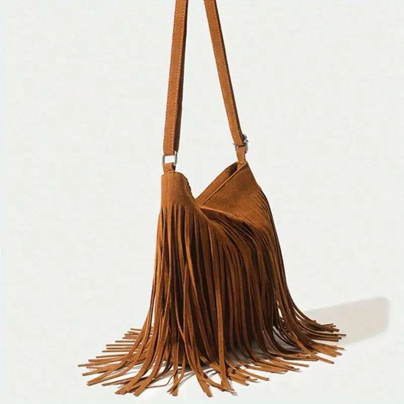 Brown Suede Elegant Crossbody with Adjustable Strap - Hand Washable, Solid Color, Buckle Closure, Polyester Lined, No Oil Edges Fringe Shoulder Bag