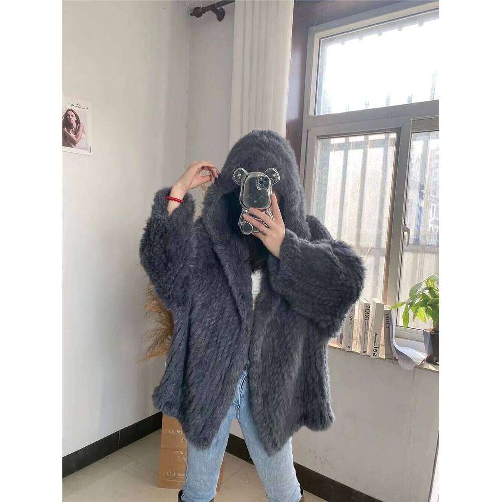 Genuine Rabbit Coat for Women Long Knitted Jacket Real Fur Fashionable Outerwear 70cm Length Autumn and Winter