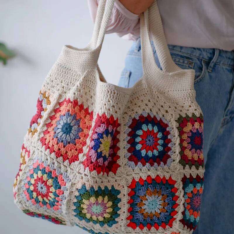 Designer Bag Colorful Boho Chic Granny Square Crochet Woven Handbags For Women Beige Blue Market Bag Vintage Style Hippie Summer Beach Purse