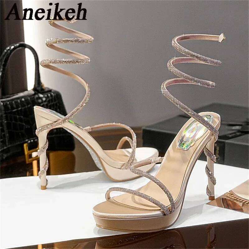 Aneikeh Water Dia Strap Sandals Women's Serpentine Wrapped Sexy Open Toe Thin Heel Waterproof Platform Shoes High Heels