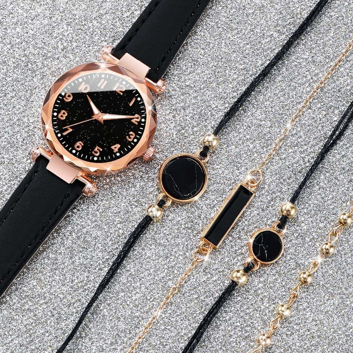 5PCS/Set Women Watches Bracelets Set Fashion Starry Sky Dial Leather Band Quartz Watch XJ250527