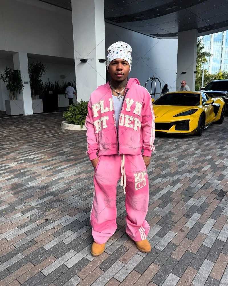 Oversized Sportswear Suit Men Letter Embroidered Zipper Hoodie Y2K High Strt Fashion Brand High Waist Sports Pants X250528