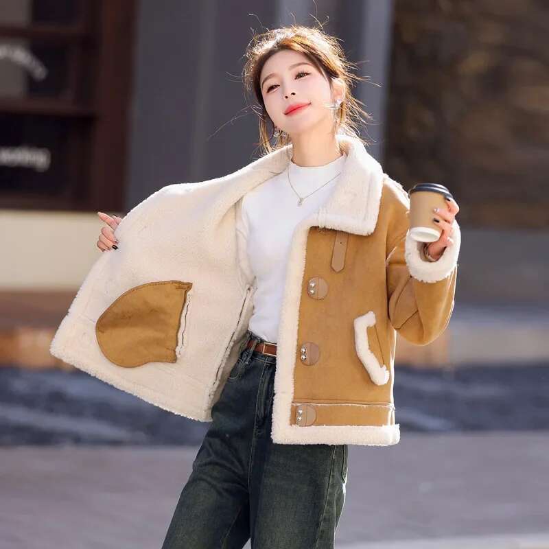 Women's Short Thickened Winter Jacket Fur Leather Integrated Lambskin Deer Veet Simulation Small Size Outerwear Coat