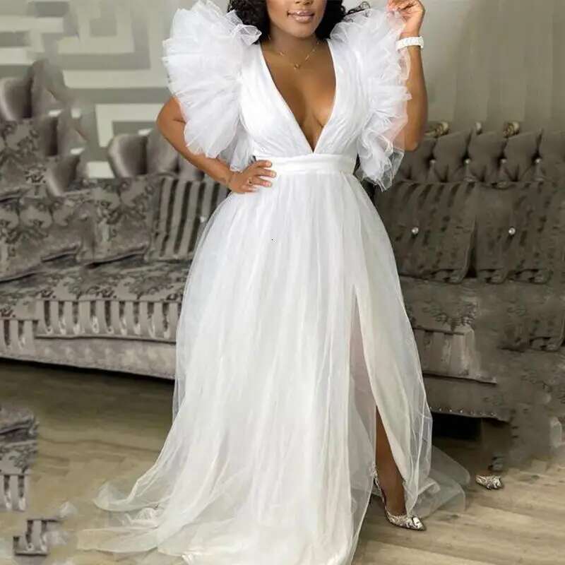 Party Dresses Women Evening White Dress Short Sleeve V Neck Mesh Chiffon Plus Size Sexy Maxi Dress Wholesale Dropshipping
