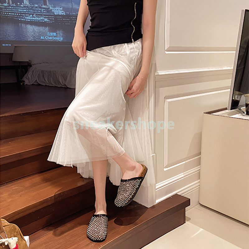 designer slides womens sandals slip-on slippers clogs sliders flat heels summer rhinestone glint fishing net sandal fashion sliders casual thick-soled