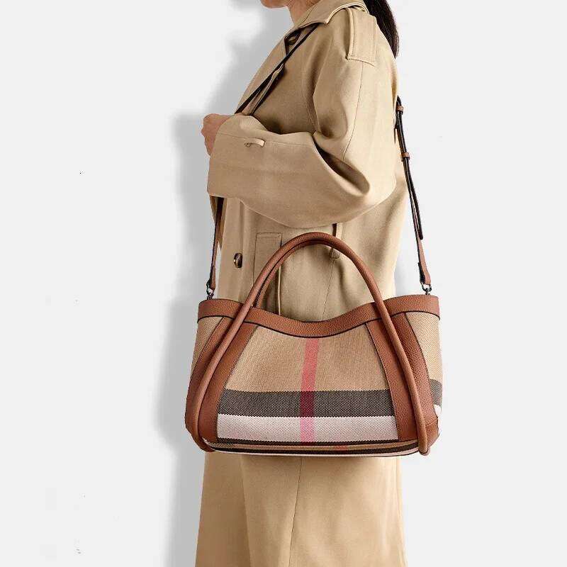 Stripes Tote Handbag Crossbody Canvas Genuine Leather Women's Bags Large Retro Checkered Shoulder Messenger Bag