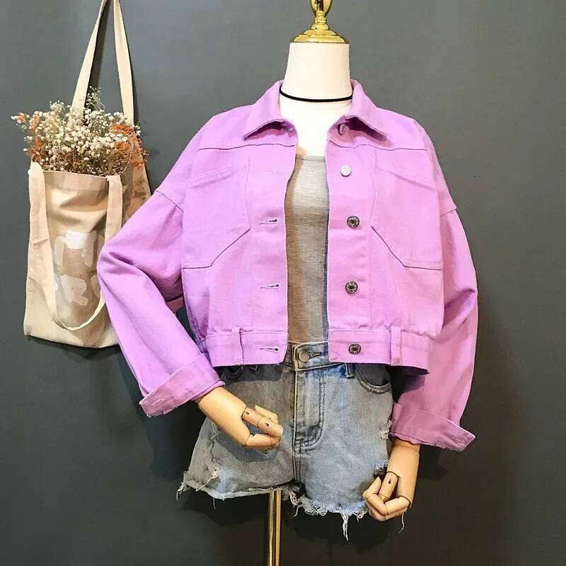 Women's Wear Green Red Yellow Purple Denim Jackets Women Loose Casual Short Cowboy Outerwear Big Pocket Batwing Sleeve Jeans Jacket Female