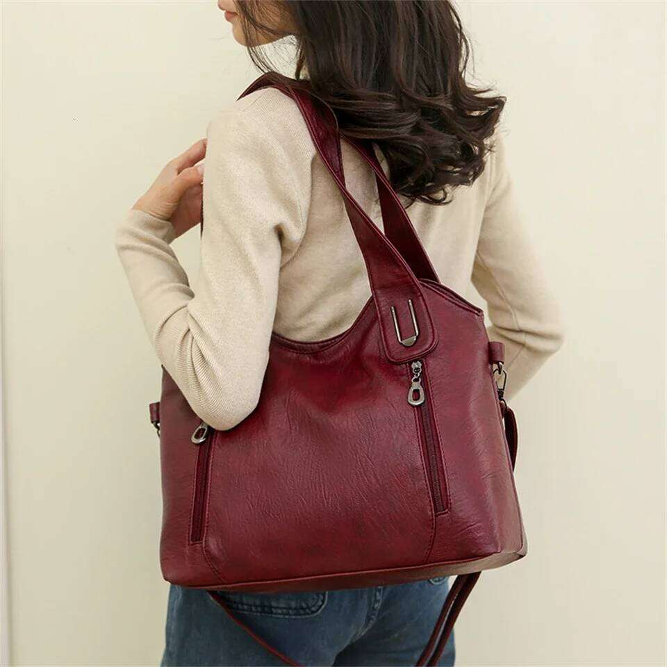 Capacity Brown Shoulder Bags For Women Large Shopper Solid Color Soft Leather Crossbody Handbag Lady Travel Tote Bag