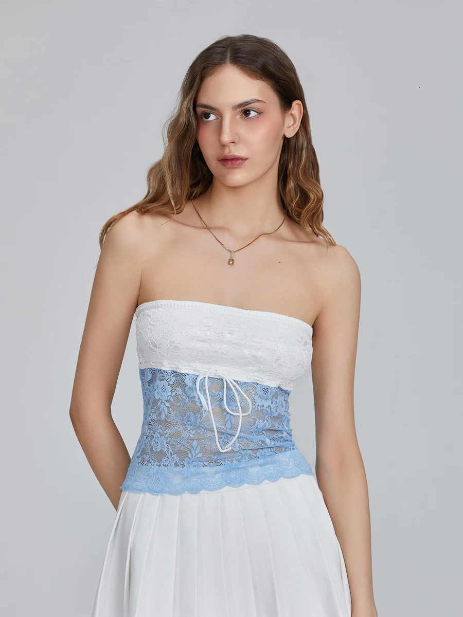 Women s Lace Tube Tops Fit Off Shoulder Backless Sleeveless See Through Lace Flower Crop Tops Shirts for Summer 250523