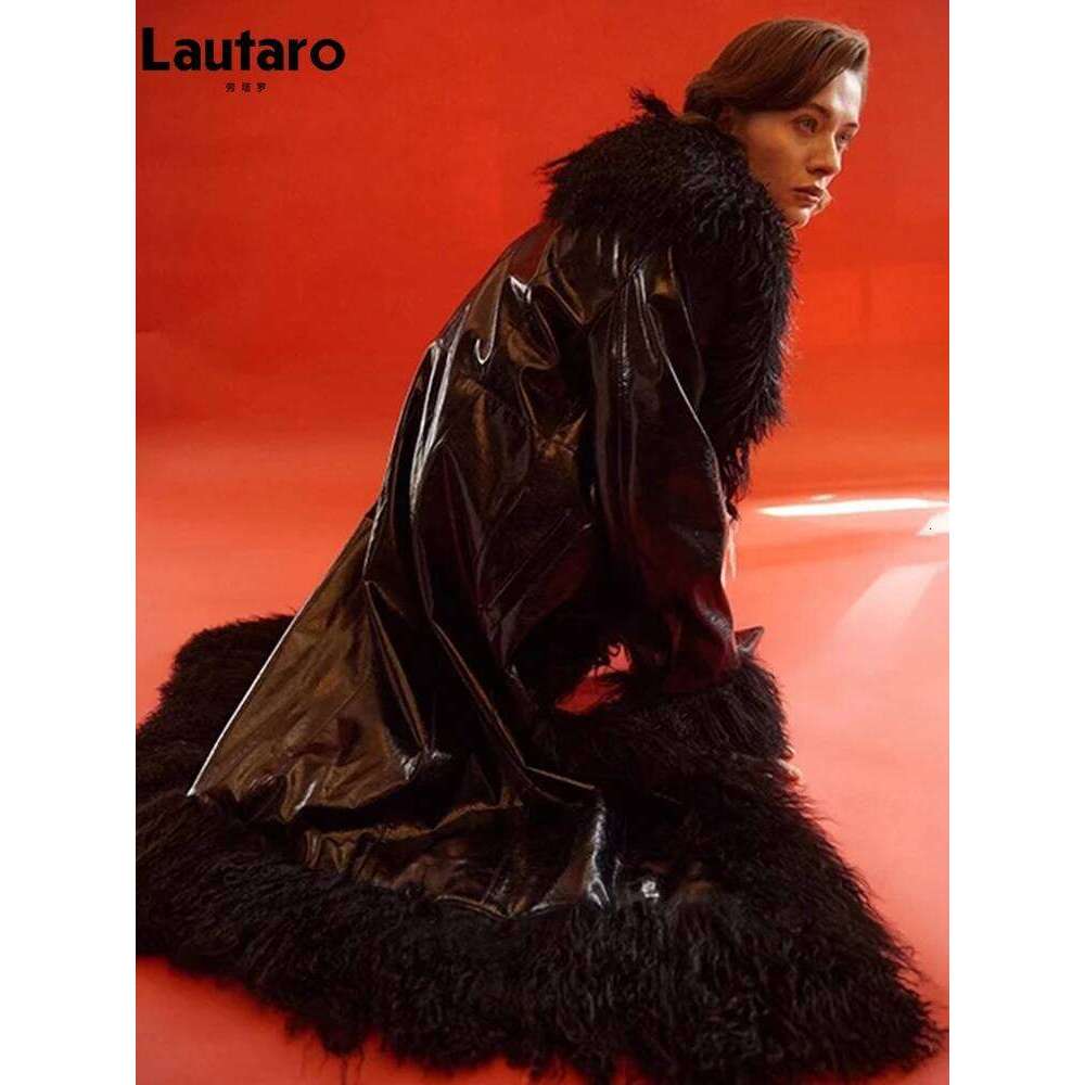 Lautaro Spring Autumn Long Black Shiny Patent Pu Leather Coat Women with Faux Fur Trim Designer Clothing European Fashion