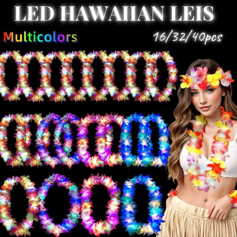 16-40Pcs Light up Hawaiian Leis LED Light up Flower Leis Necklace Leis for Beach Tropical Carnival Party Supplies Wedding Gifts W250528