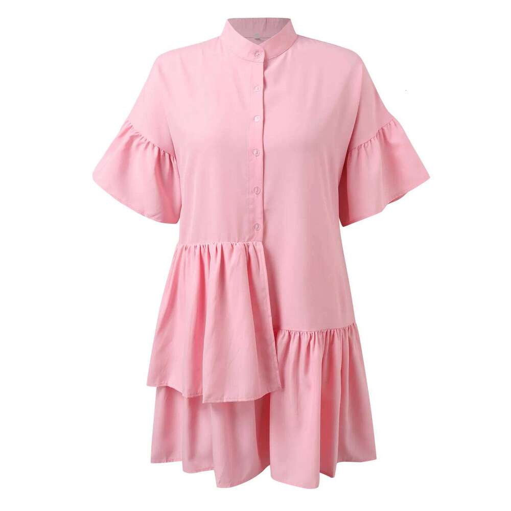 Women's Wear New Women's Loose Shirt Solid Color Flare Sleeve A-Line Pleated Summer Casual Sweet Party Ruffles Dress Robe