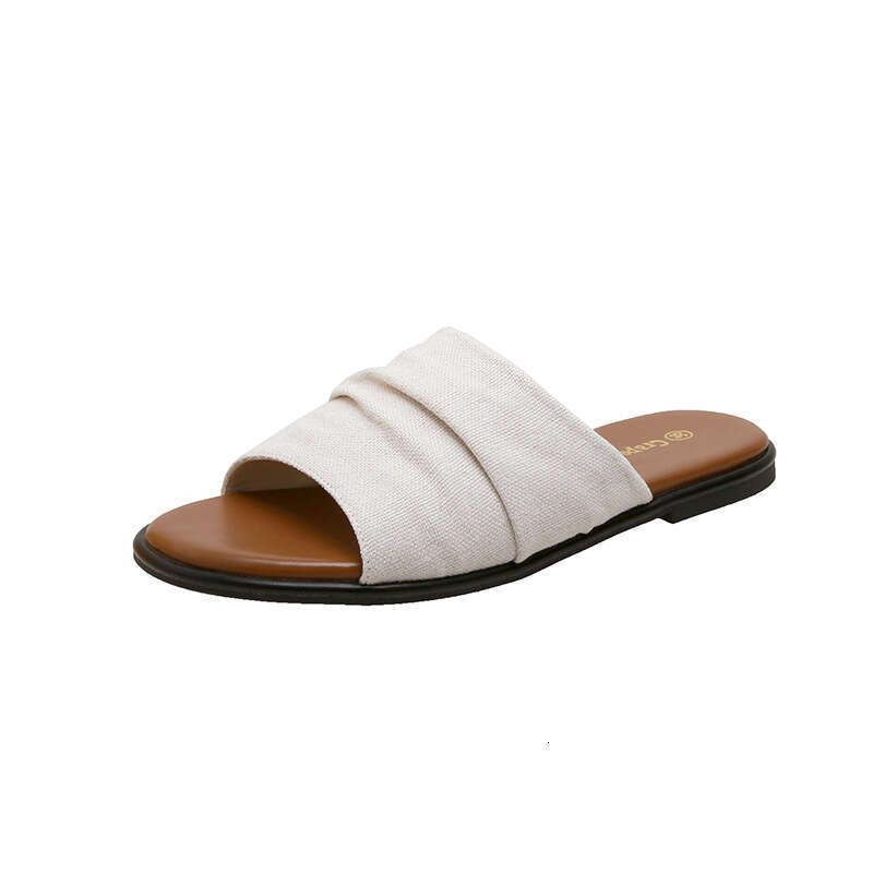 Su Yinyin Same Bangkok ~ Vacation Style Beach Linen Pleated Flat Sandals for Women Outdoor Summer Slippers