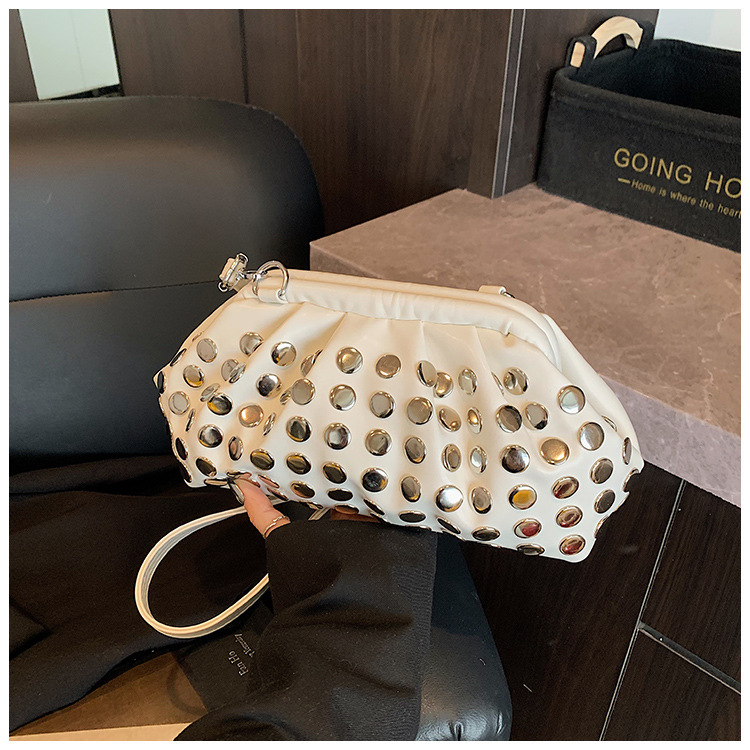 New Women's Bag New Fashionable Shoulder Commuter Underarm Bag Handbag Round Rivet Personalized Trendy Designer Wrinkled Cross Shoulder Bag Singl