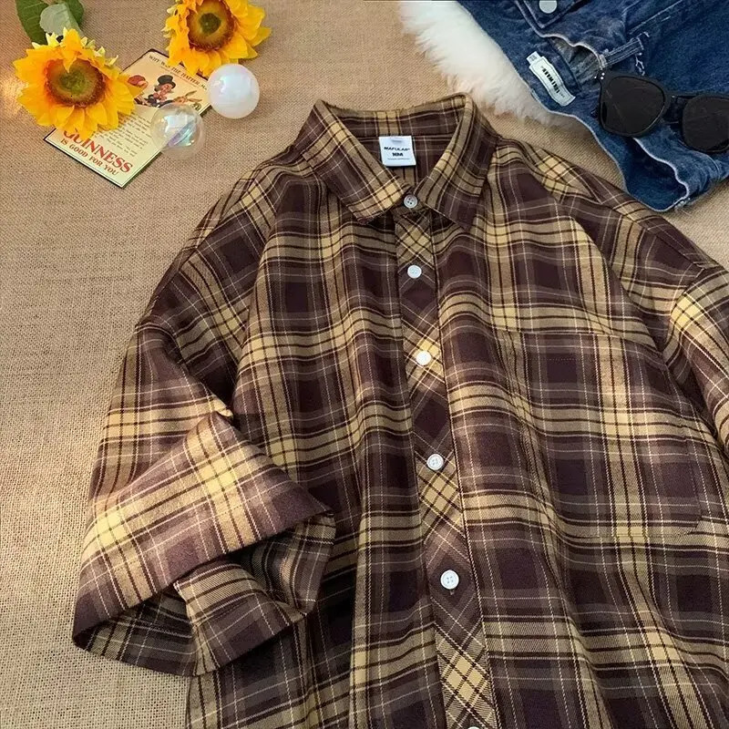 Summer Mens Loose Checkered Short Sleeved Shirt Casual Elegant Turn Collar Half Sleeved Shirt Jacket 250527