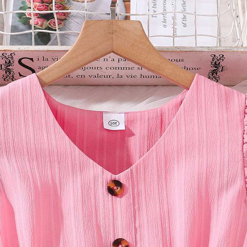 Kids Dresses for Girls 8-12 Years Pink Small Flying Sleeves V-Neck Dress 2024 New Summer Teenager Sweet Casual Daily Dress X250528