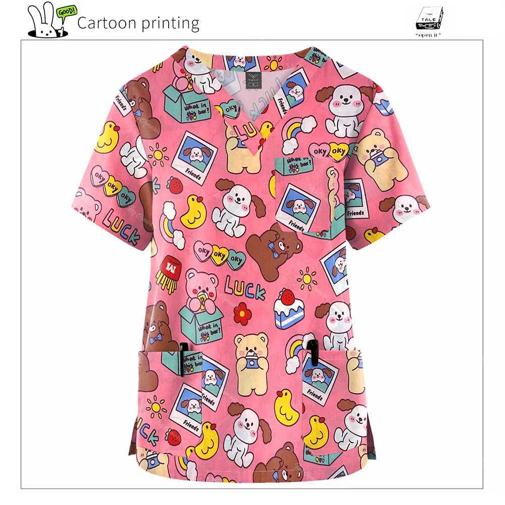 Spring/Summer New European And American Pullover Cartoon Printing Nurse Hospital Work Clothes V-neck Tops Pocket Casual T-shirts X2505281