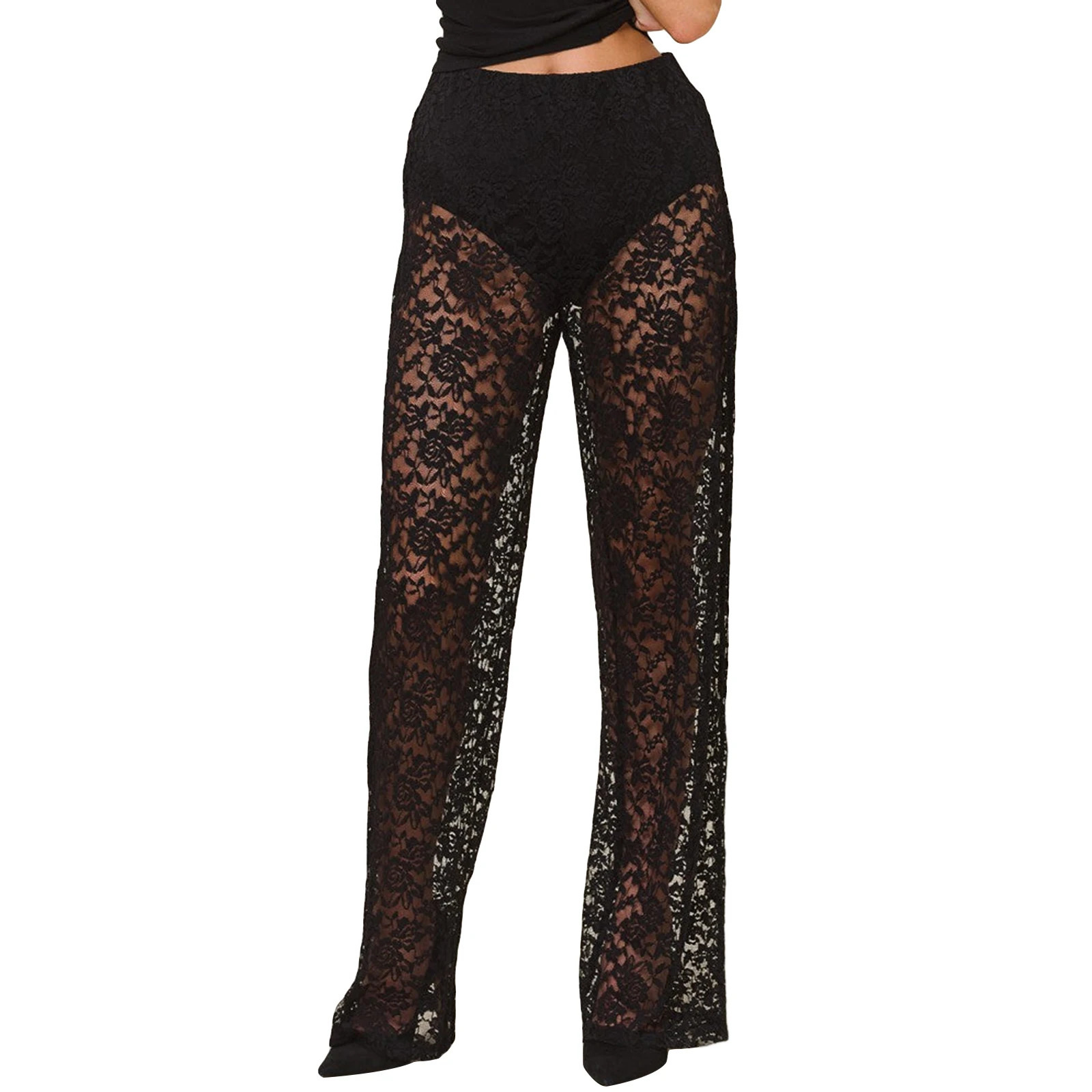 2024 Women Lace Bell Pant Sexy See Through Flare Bottom Leggings Hollow Out Mesh Cover Up Trousers 250521