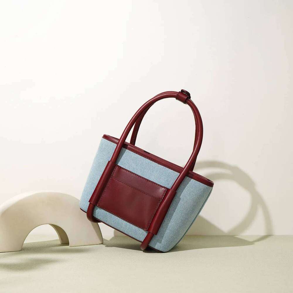 2024 New Women Bag Lady Summer Mini Basket Handbag Tote Female Denim Fabric With Genuine Leather Cross-Body Shoulder Messenger