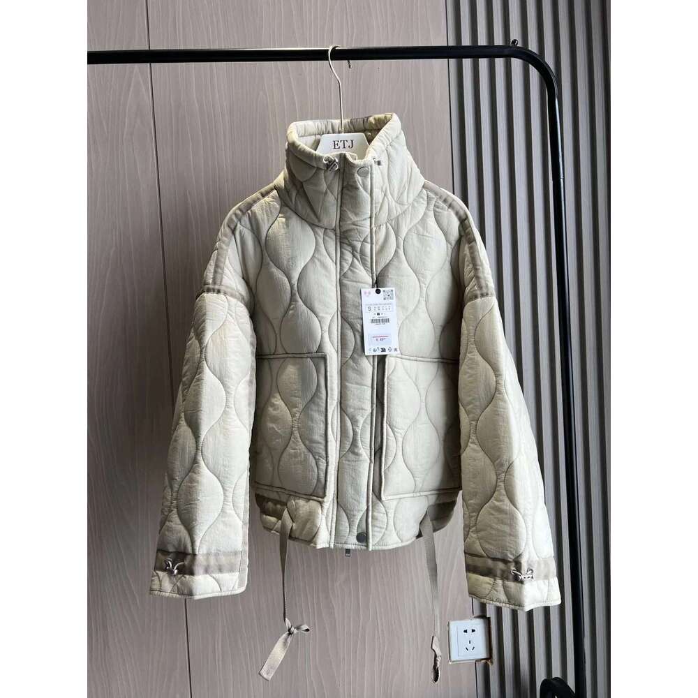 Quilted coat ETJ traf QUILTED JACKET WITH TIES new beige drawstring high neck pocket clip cotton jacket for women