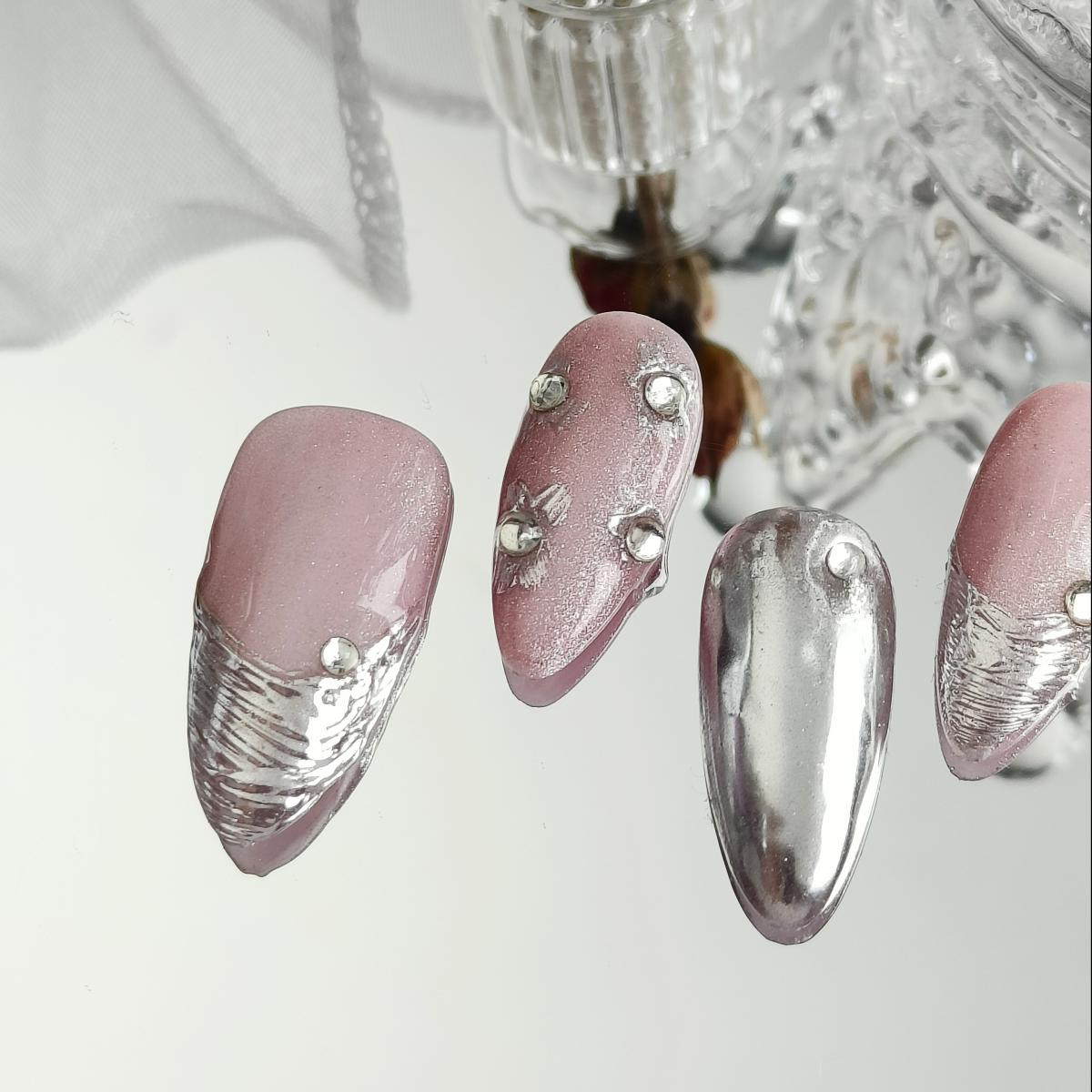 10pcs 3D Hand drawn Handmade Press-on nails Medium Almond Nails Bundle Pink Metallic Feeling Diamond Finished nail stickers Free storage box jelly glu