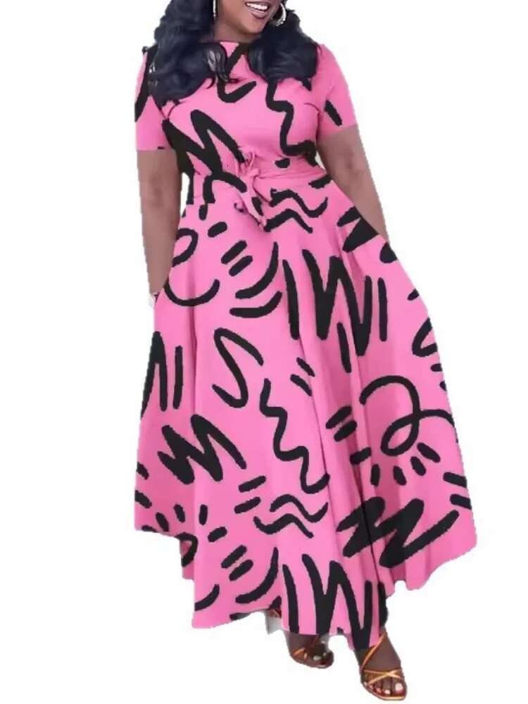 Plus Size Dresses Wholesale Printed Short Sleeve High Waist Swing Temperament Trade New Summer Maxi Dress Drop Shopping