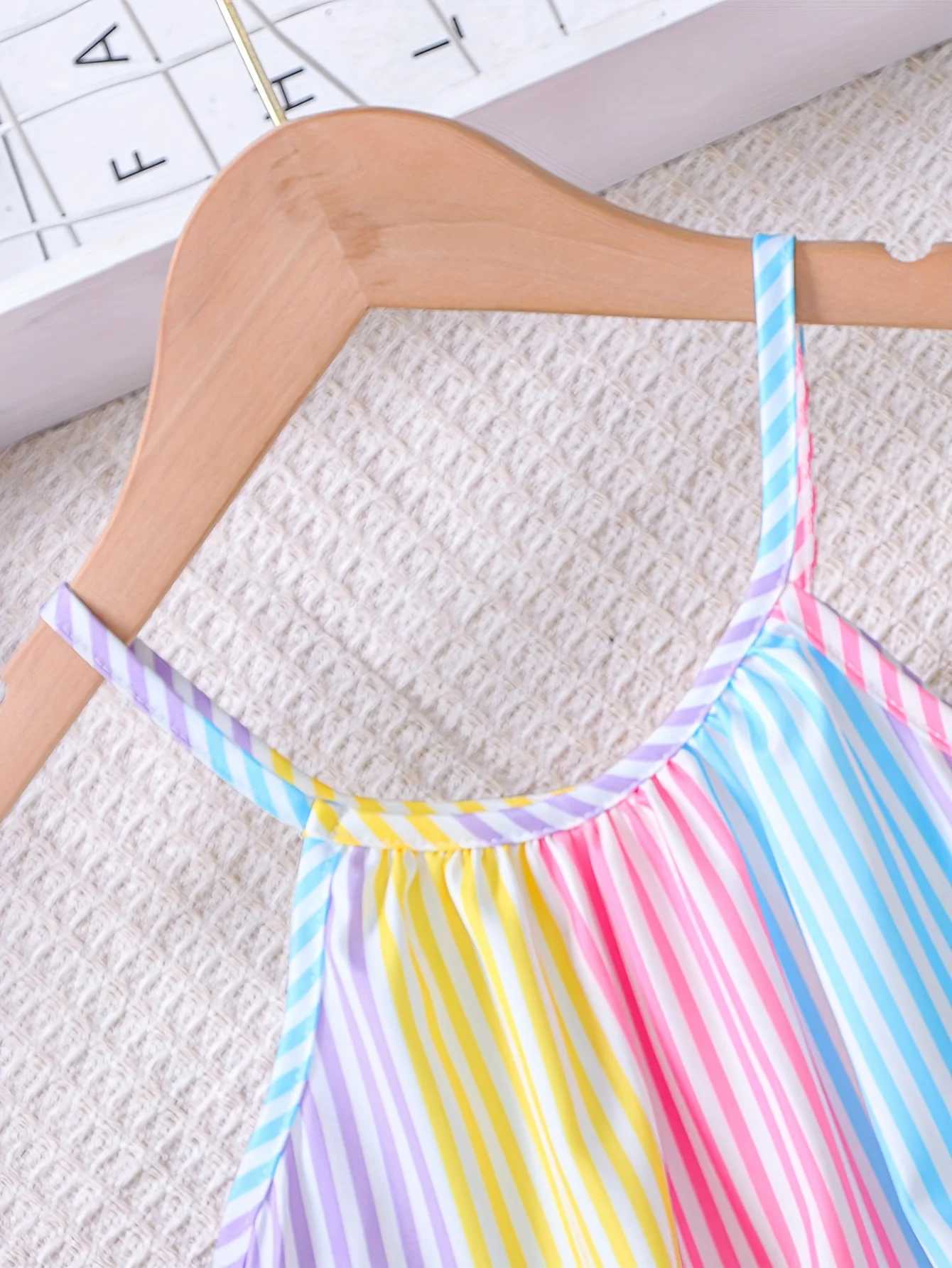 Girls Summer Colorful Striped Ruffle Hem Dress Childrens Summer Vacation Beach Play Suspender Dress X250528