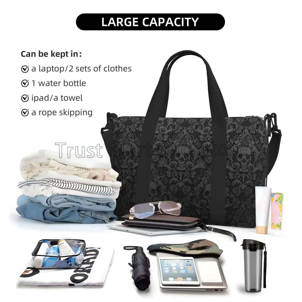 Gothic Black Skull Damask Print Hand Travel Multipurpose Weekender Bags Unisex Casual Waterproof Sports Yoga Lage Bag
