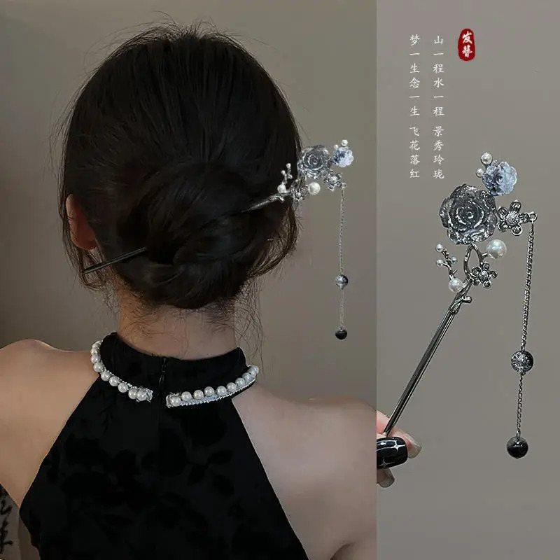 Modern Hair Stick Ink Flower Metal Tassel Hairpin Forks For Women Black Beads Fringe Clasp Chinese Hanfu Jewelry 250519