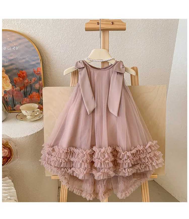 2024 Summer Korean Girls New Sleeveless Bow Solid Color Sweet and Gentle Princess Dress Childrens Trend X2505281