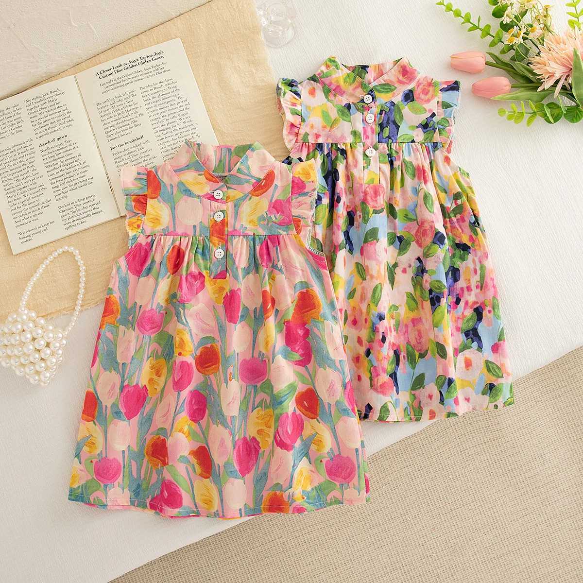Baby Girl Dress Summer New Sweet Flower Ruffled Sleeve ChildrenS Sleeveless Clothes Suitable For 0-3 Years Old X250528