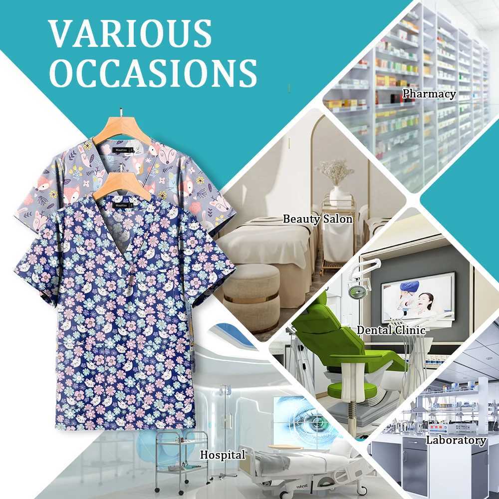 Printing Cartoons Surgical Gown Short-Slved T-shirt Cotton Operating Room Doctor Scrub Top Men Overalls Nursing Uniforms Women X250528