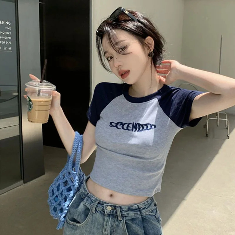 Y2K Women T Shirt Patchwork Letter Slim Fit Crop Tops Streetwear Casual Korean Fashion Short Sleeve Tshirts Bae Female Tees 250517