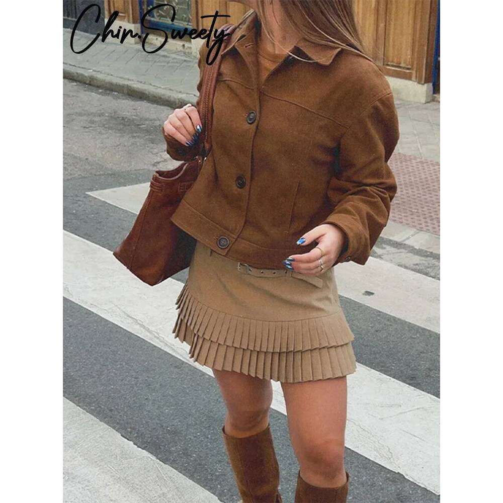 Women's Wear Vintage Suede Short Jackets Women Lapel Single Breasted Long Sleeves Deep Brown Coat Female Spring Summer Lady Streetwears