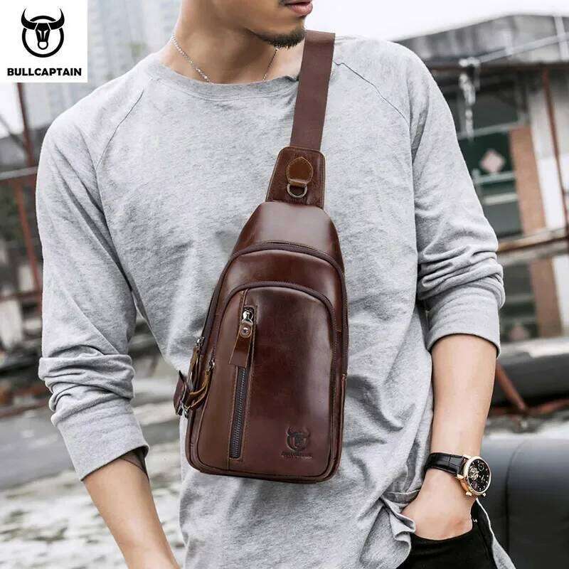 BULLCAPTAIN Men's Genuine Casual Crossbody Bags Leather Chest Bag For Men Fashion Excursion Bag's Can Hold 7.9 Inch Ipai