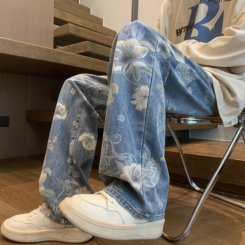Autumn Floral Printed Jeans For Men Y2K Vintage Denim Pants Hip Hop Fashion Wide-leg Baggy Jean Streetwear Trousers 250526