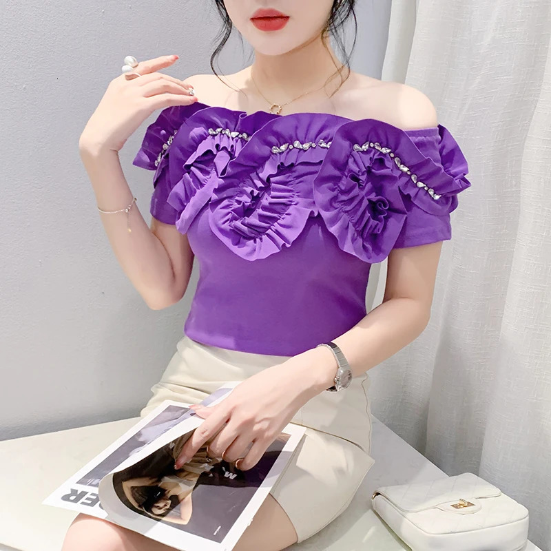 2024 Summer European Clothes TShirt Chic Sexy Off Shoulder Patchwork Ruffles Diamonds Tops Short Sleeve Tees 078 250519