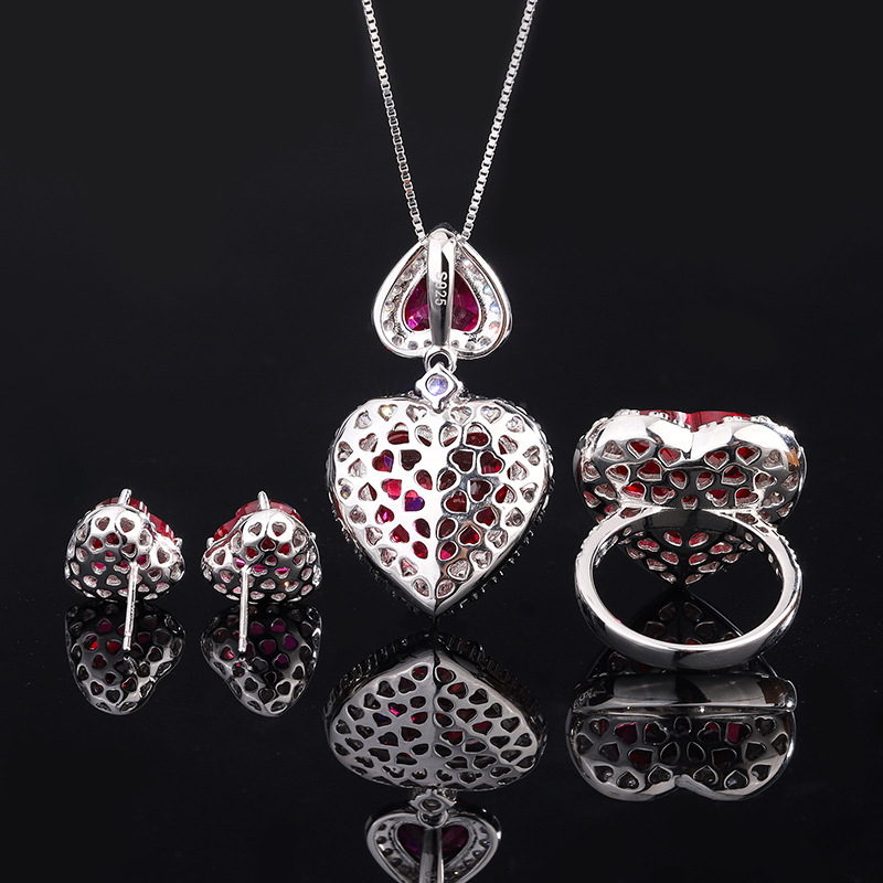 15*15 Love Jewelry Set S925 sterling Silver rose Red High Carbon Diamond Ring, Pendant Necklace, Earrings ,Antique Classic Elegant Precious Jewelry Se
