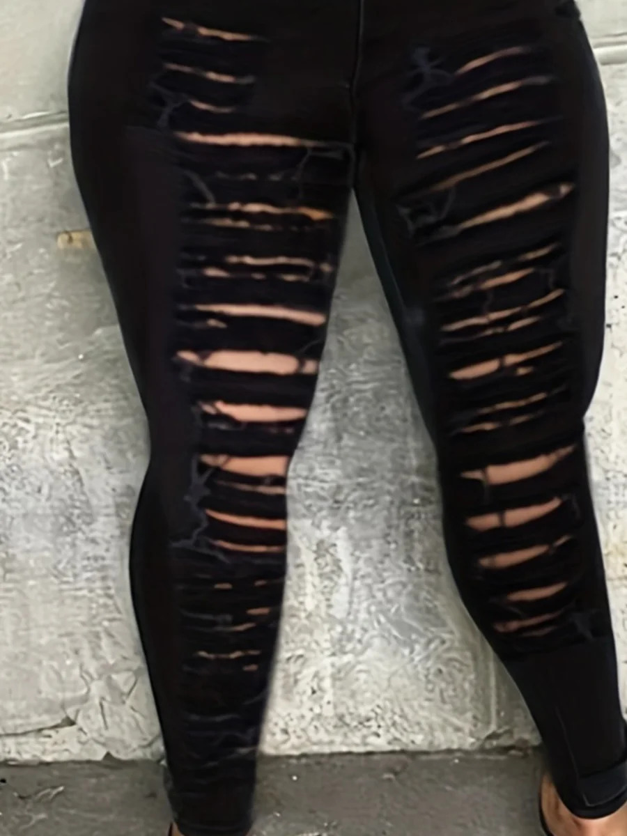 LW Mid Waist High Stretchy Ripped Solid Color Skinny Jeans Clothing Street Style Denim Casual Bottoms Daily Pants 250516Z