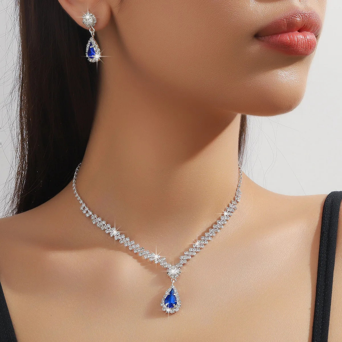 BLIJERY Classic Waterdrop Style Jewelry Sets for Women Blue Crystal Necklace Earrings Bridal Wedding Party Birthday Jewelry Sets 250527