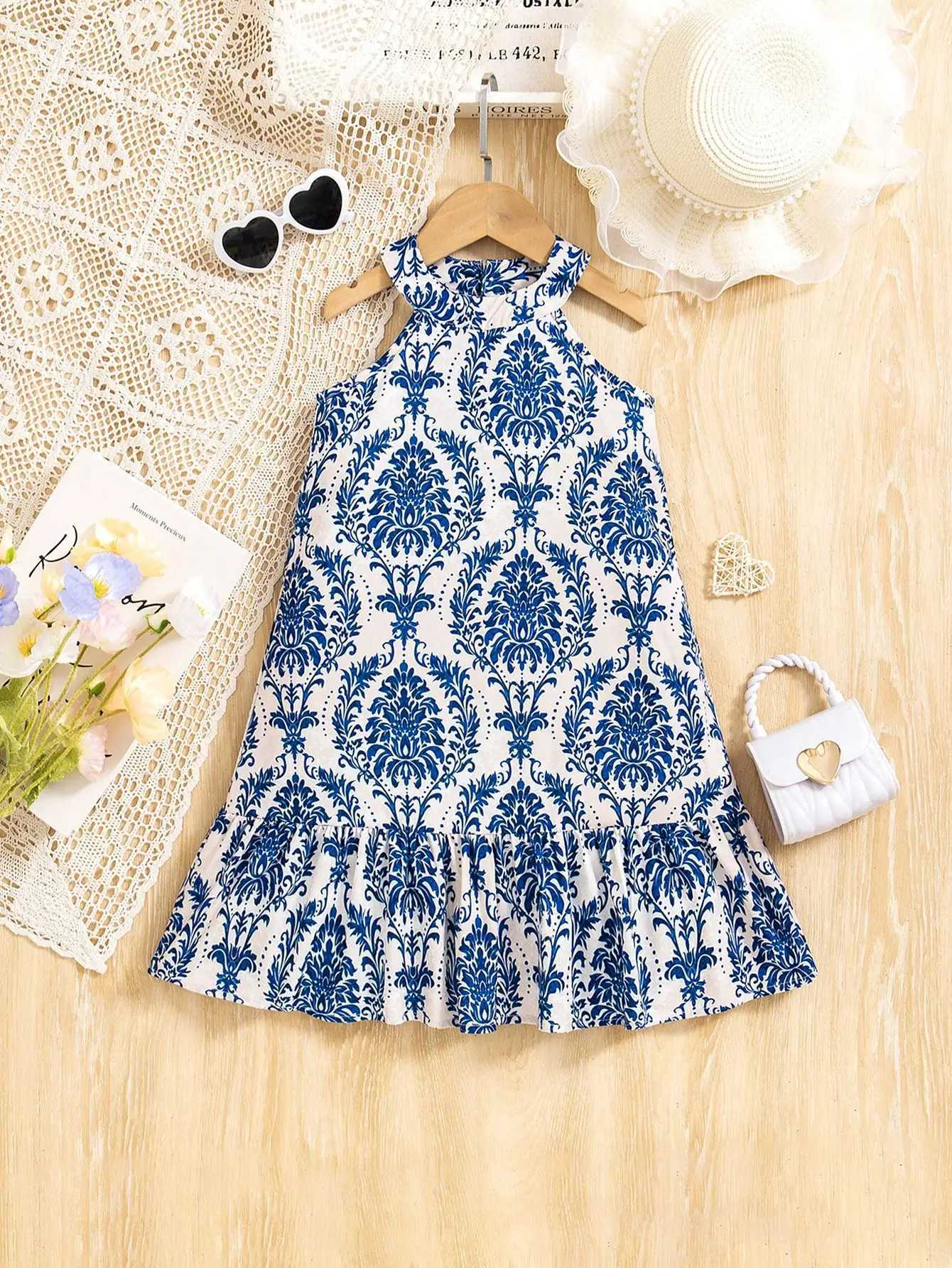 Girls Romantic Halter Neck Floral Ruffle Dress | Sleeveless A-Line Beach Outfit for Ages 4-7 Summer Vacation (S/S) X250528