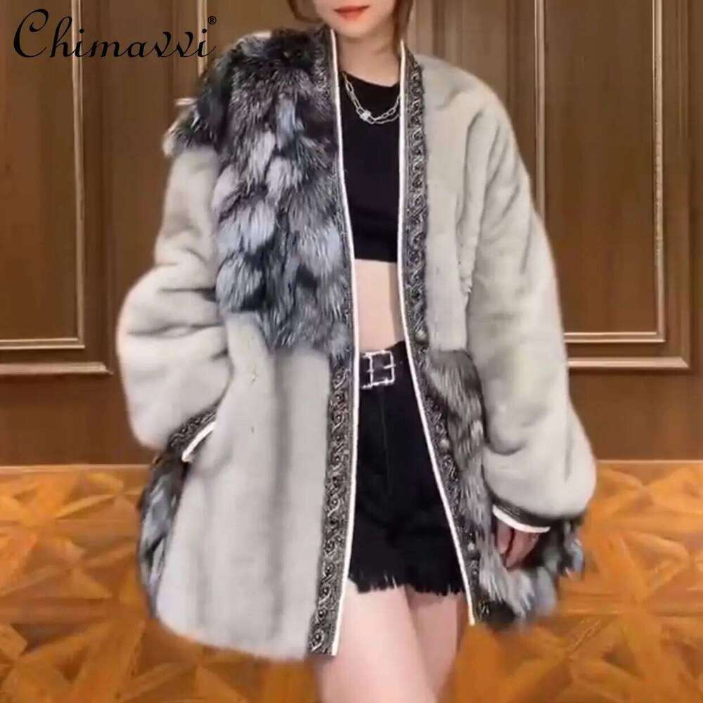 Women's New Fox with European Mink Jacket Long-Sleeved Coats Mid-Length Winter Warm Slimming Fashion Fur Coat