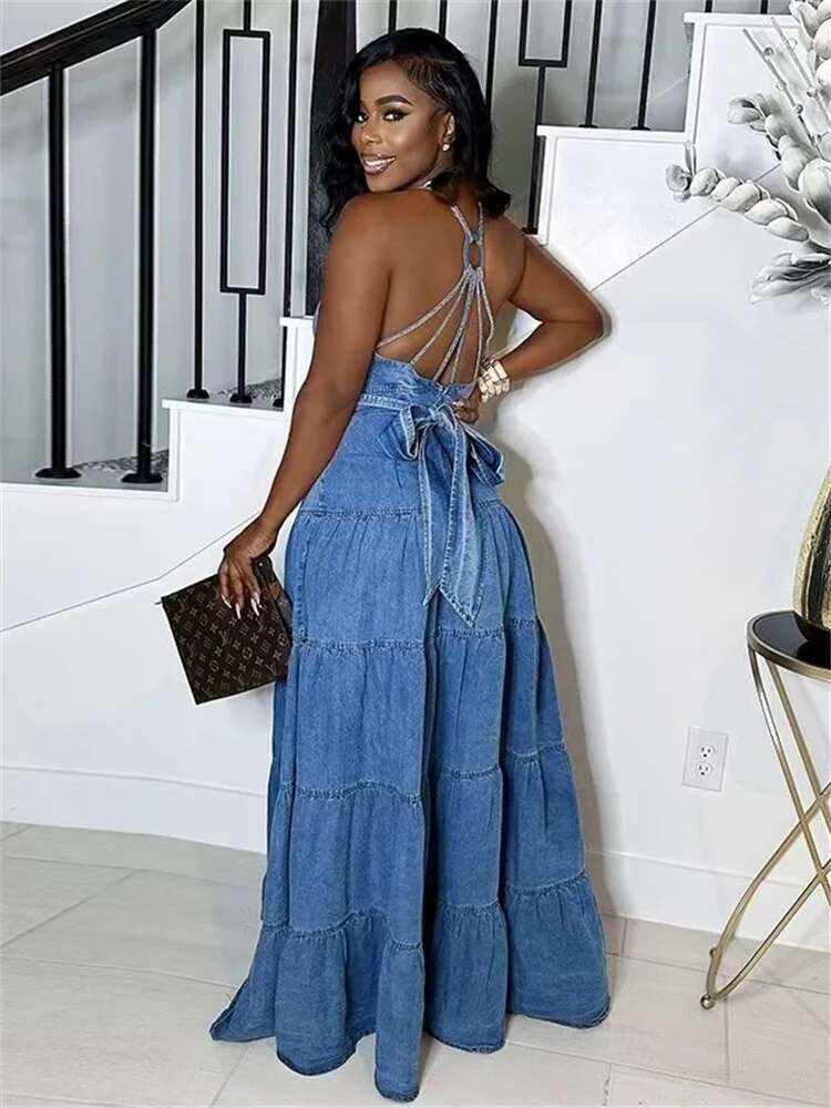 Denim Dresses for Women 2025 Elegant New Sweet Sexy Deep V Neck Halter Bandage Belt Long Dress Wholesale Dropshipping